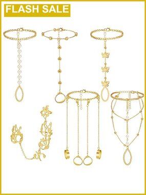 6 Piece Rhinestone Hand Chain Bracelet Set Gold